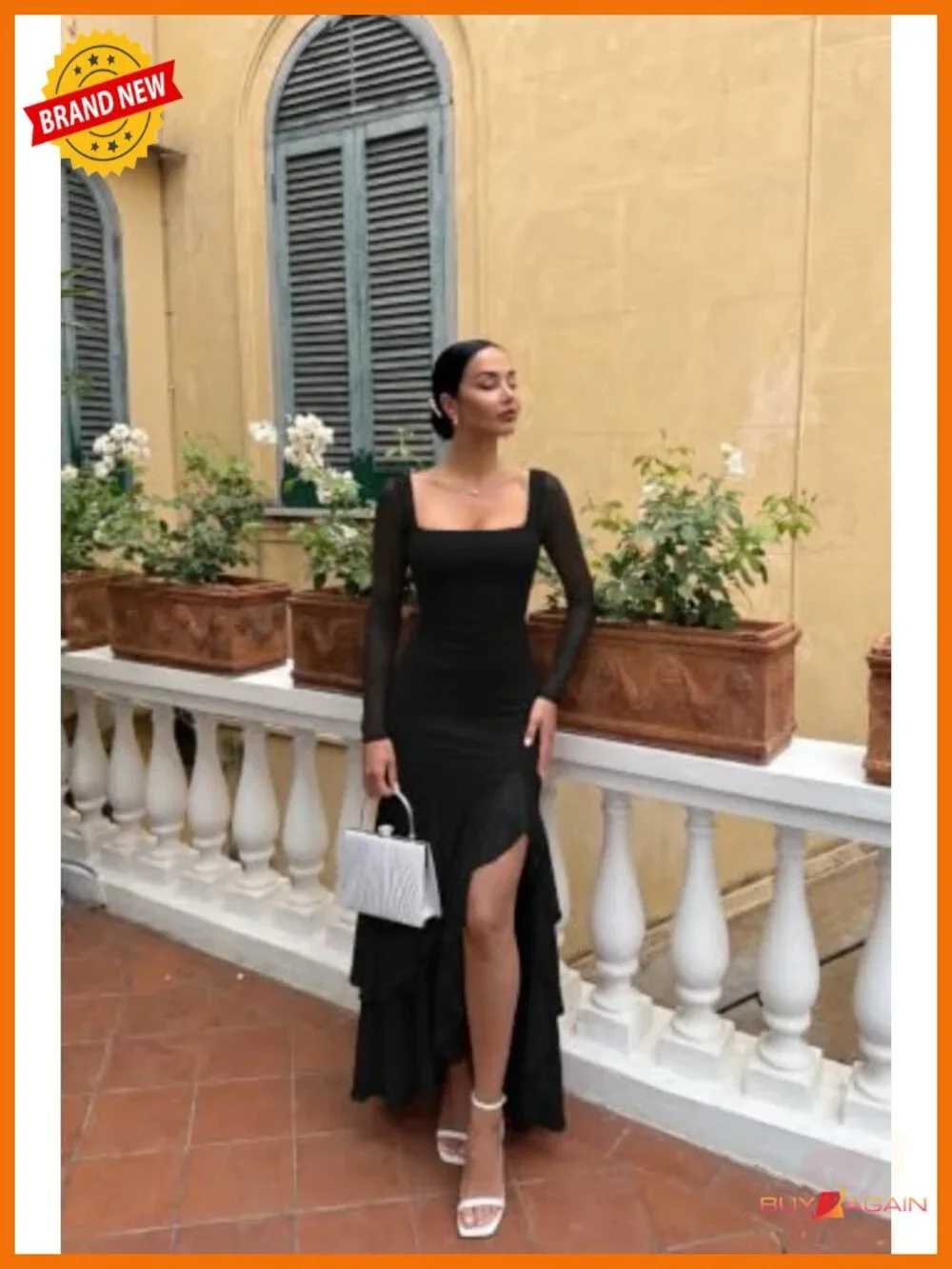 Women's Long Sleeve Ruffle Hem Split Mesh Maxi Dress Bodycon Fitted